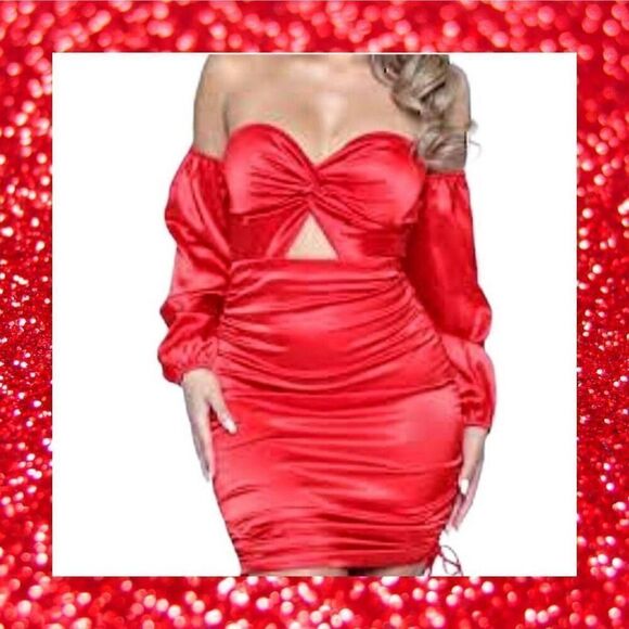 Mini Cocktail Evening Dress Red Satin Tight Peek Midrift Gathered Sexy Strapless - Picture 1 of 13
